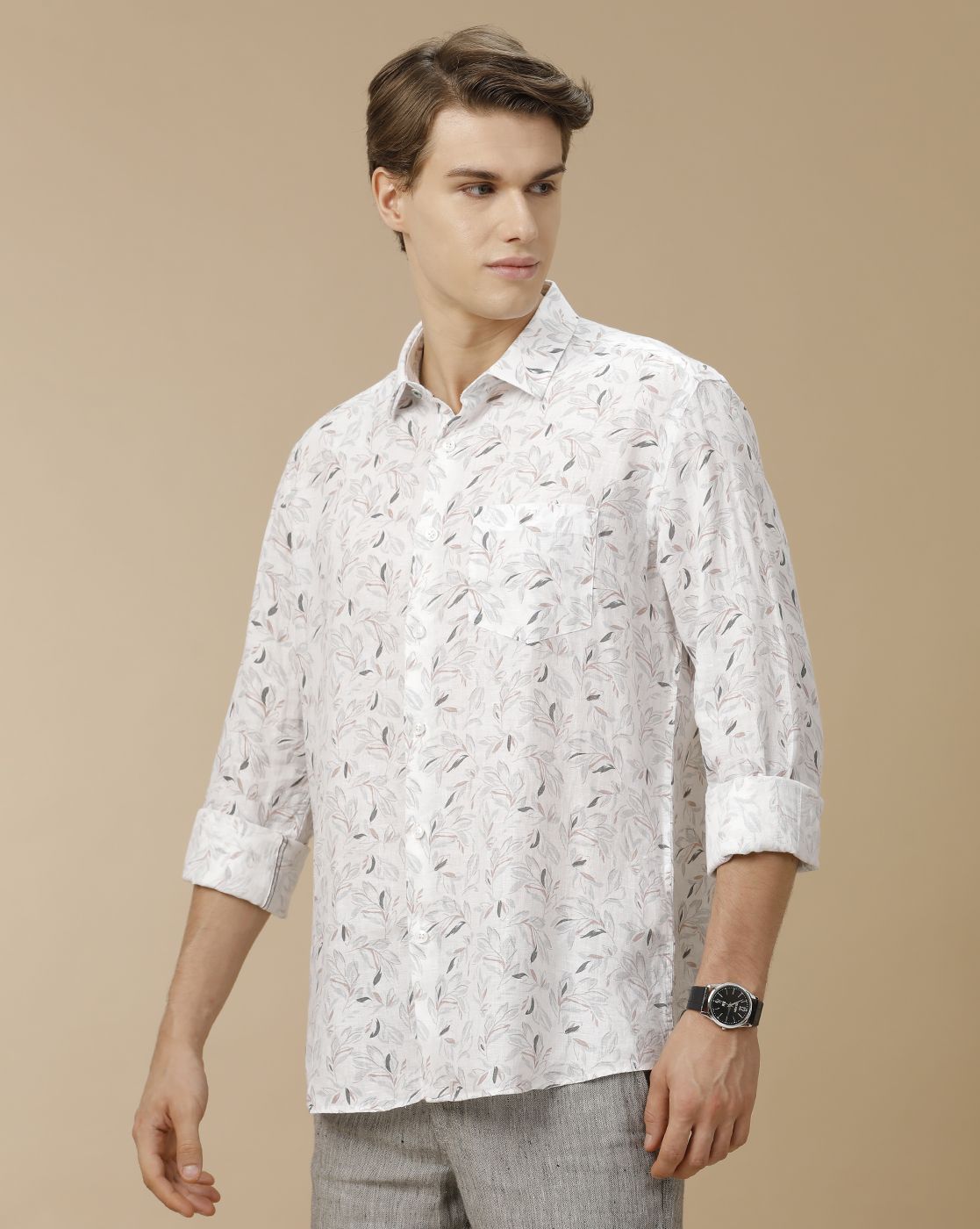 Men's Pure Linen White Printed Contemporary Fit Full Sleeve Casual Shirt