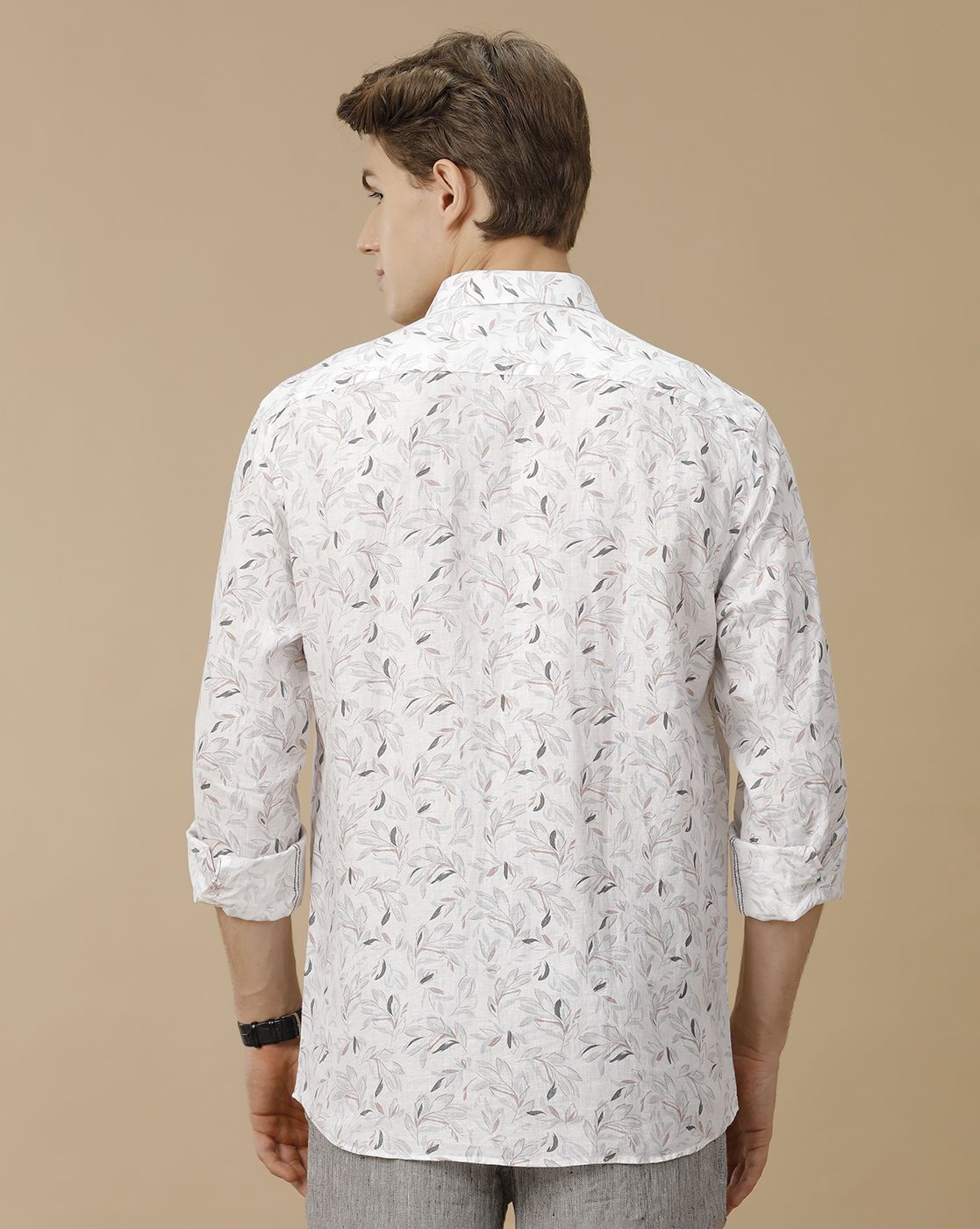 Men's Pure Linen White Printed Contemporary Fit Full Sleeve Casual Shirt