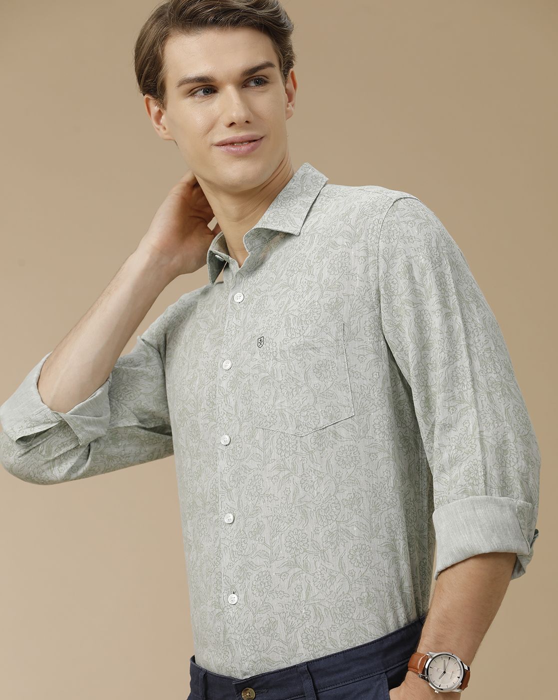 Men's Pure Linen Green Printed Contemporary Fit Full Sleeve Casual Shirt