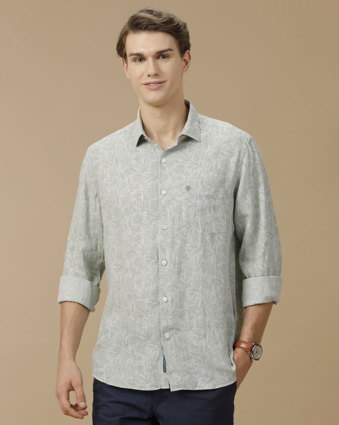 Men's Pure Linen Green Printed Contemporary Fit Full Sleeve Casual Shirt