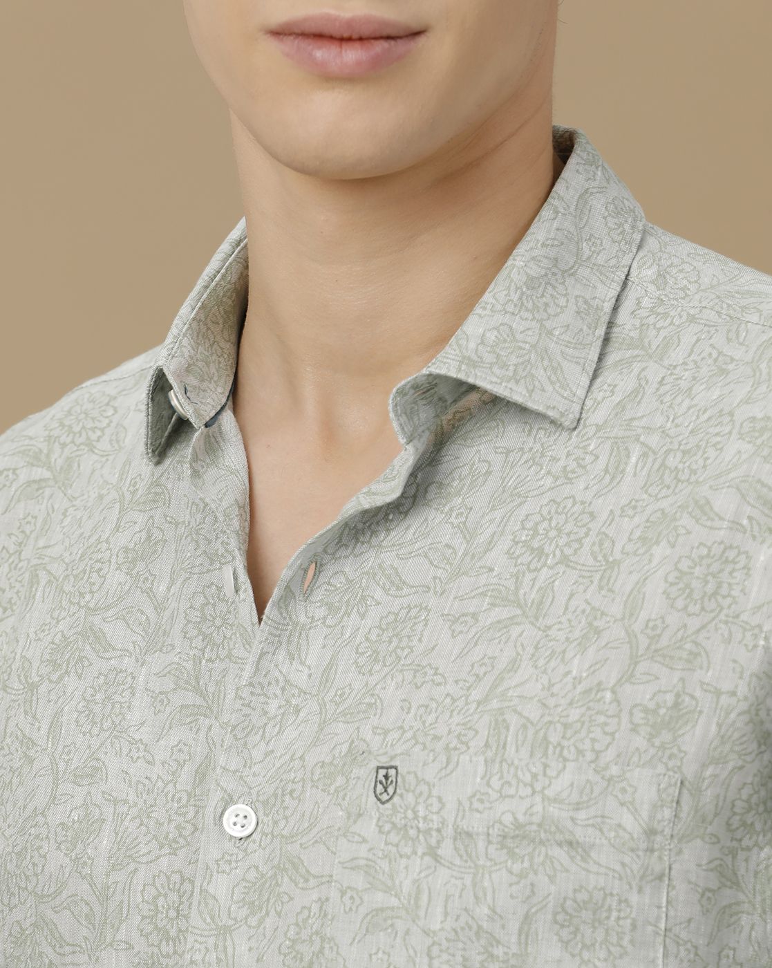 Men's Pure Linen Green Printed Contemporary Fit Full Sleeve Casual Shirt