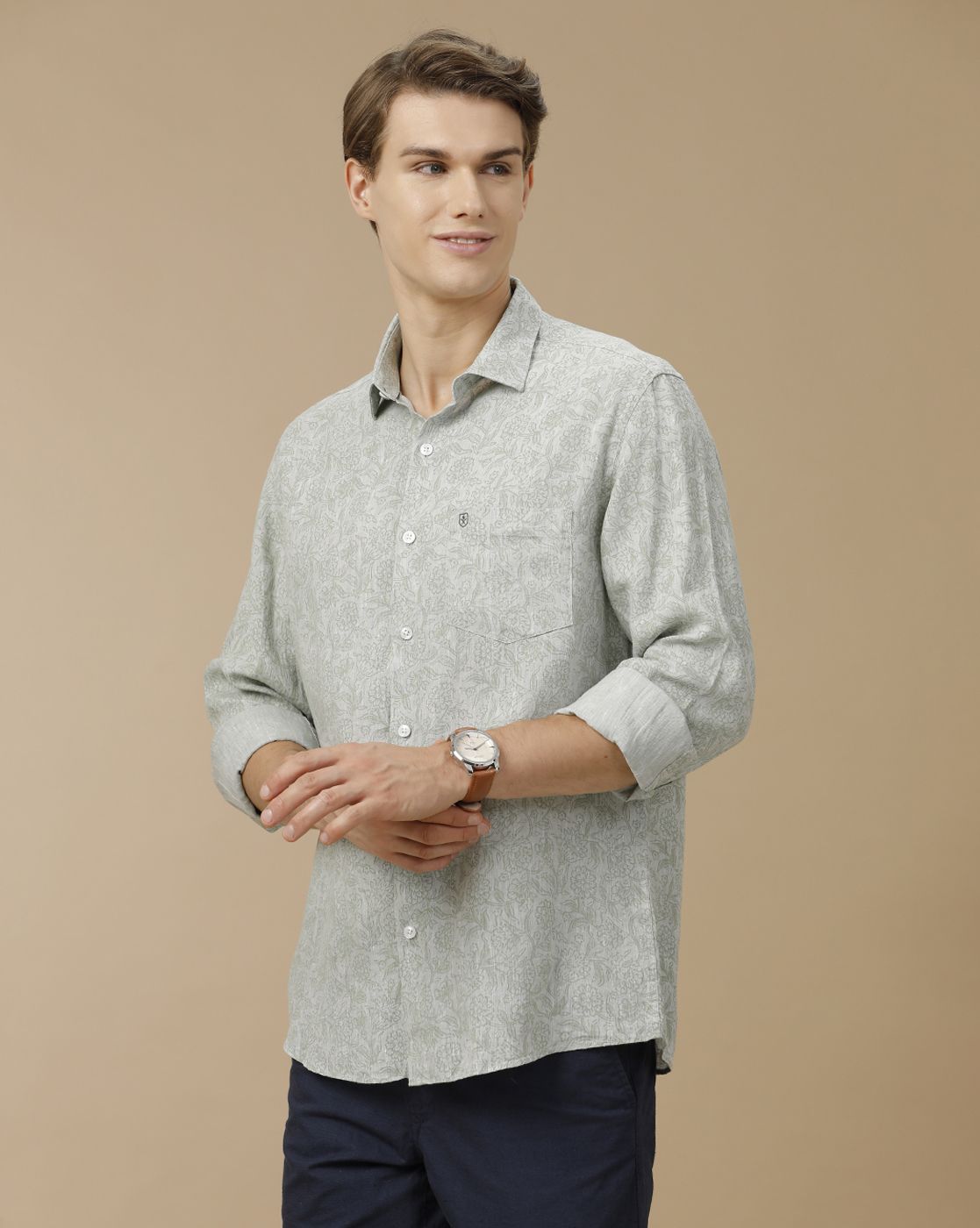 Men's Pure Linen Green Printed Contemporary Fit Full Sleeve Casual Shirt