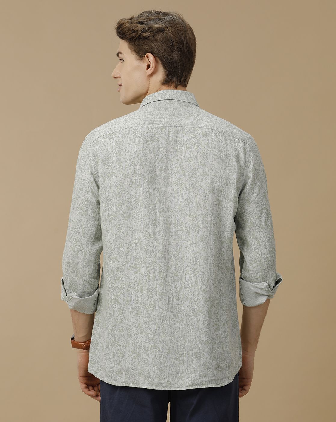 Men's Pure Linen Green Printed Contemporary Fit Full Sleeve Casual Shirt