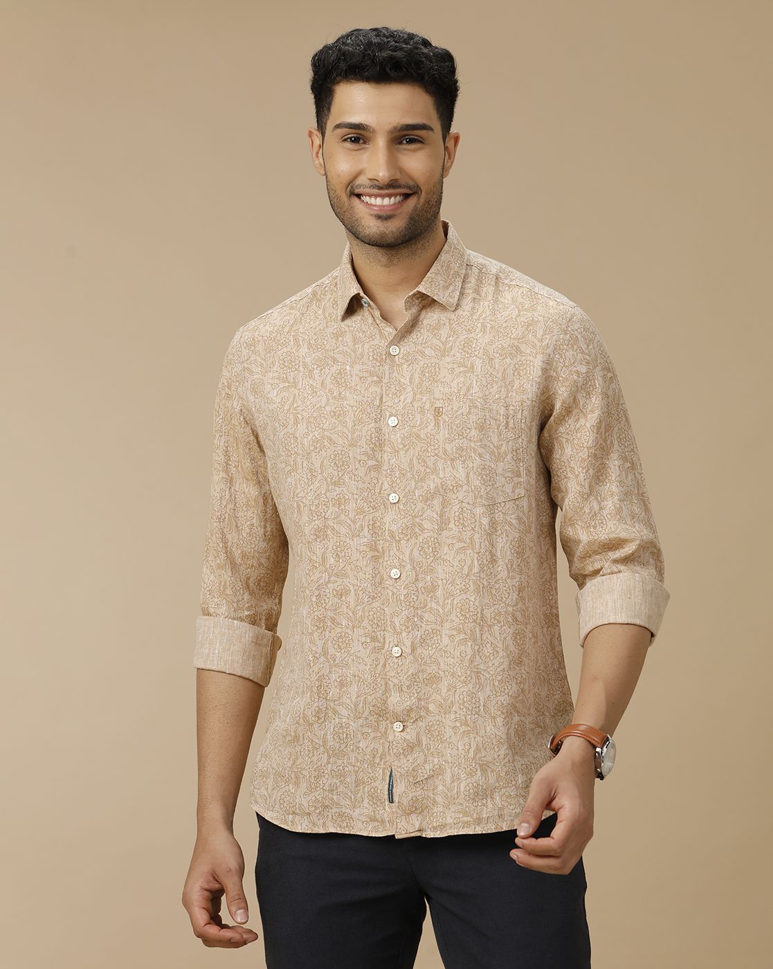 Men's Pure Linen Brown Printed Contemporary Fit Full Sleeve Casual Shirt
