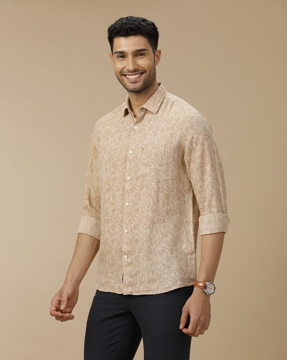 Men's Pure Linen Brown Printed Contemporary Fit Full Sleeve Casual Shirt