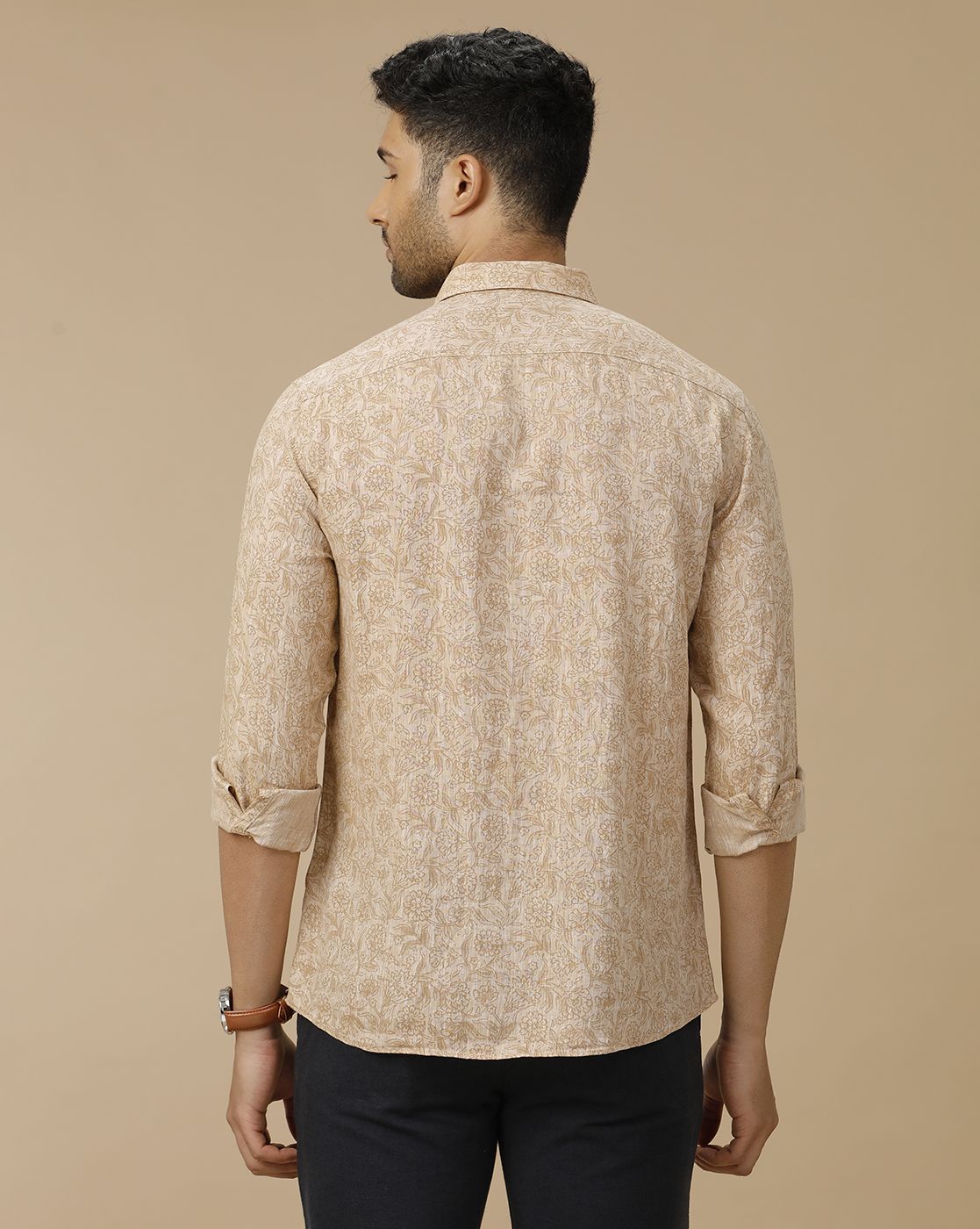 Men's Pure Linen Brown Printed Contemporary Fit Full Sleeve Casual Shirt