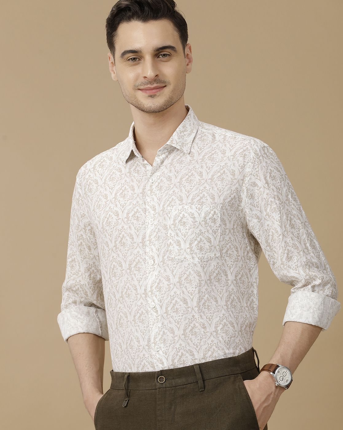 Men's Pure Linen Brown Printed Contemporary Fit Full Sleeve Casual Shirt