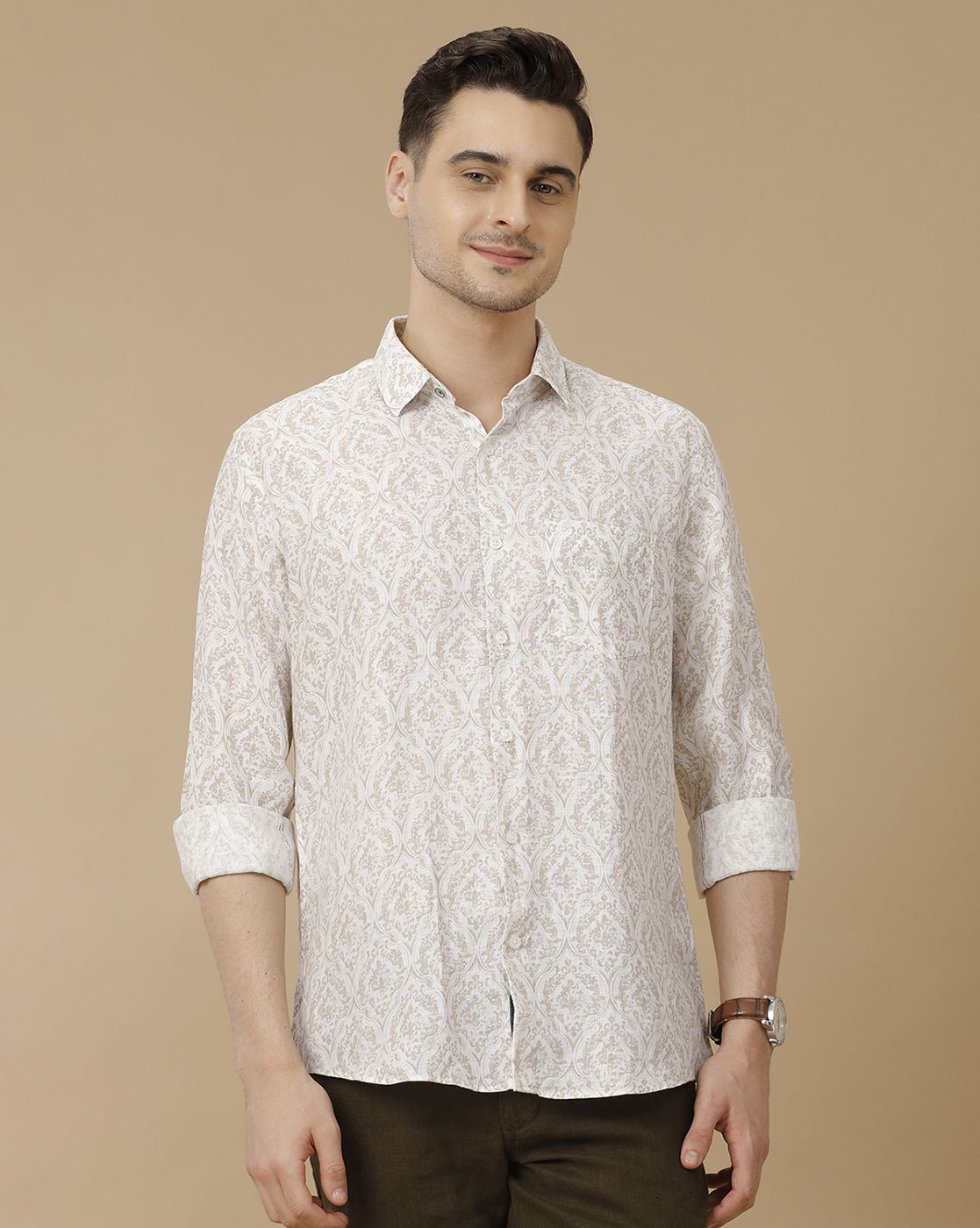 Men's Pure Linen Brown Printed Contemporary Fit Full Sleeve Casual Shirt