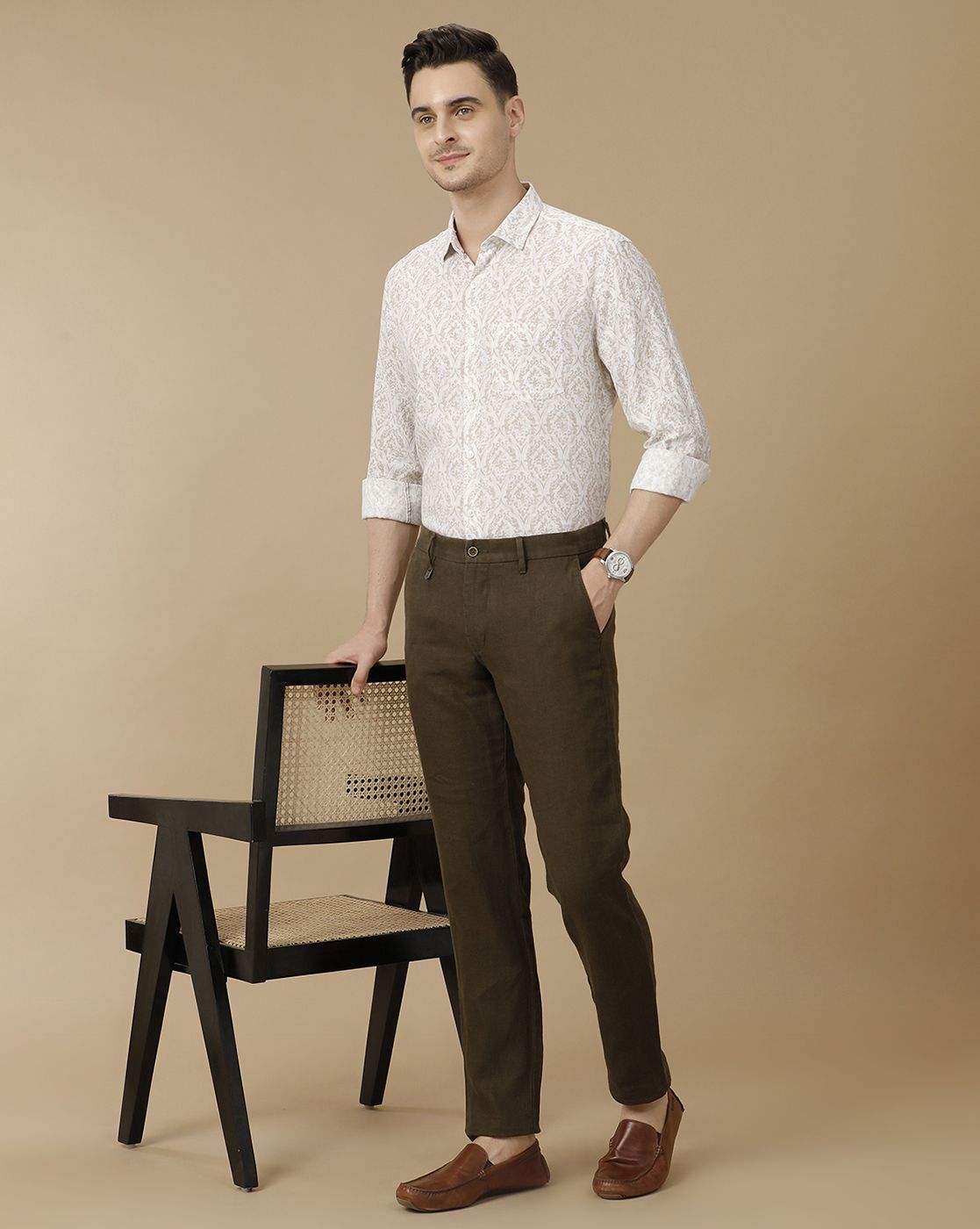 Men's Pure Linen Brown Printed Contemporary Fit Full Sleeve Casual Shirt