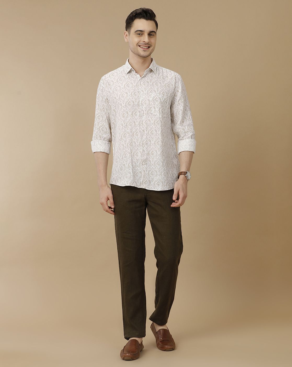 Men's Pure Linen Brown Printed Contemporary Fit Full Sleeve Casual Shirt