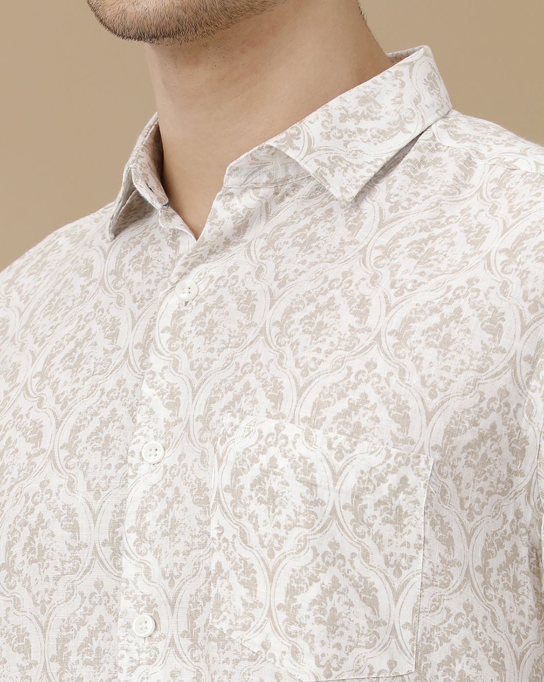 Men's Pure Linen Brown Printed Contemporary Fit Full Sleeve Casual Shirt
