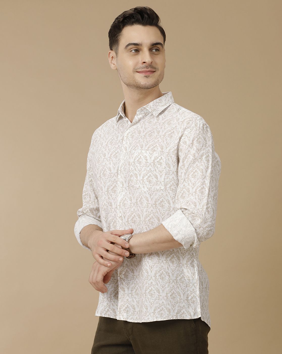 Men's Pure Linen Brown Printed Contemporary Fit Full Sleeve Casual Shirt