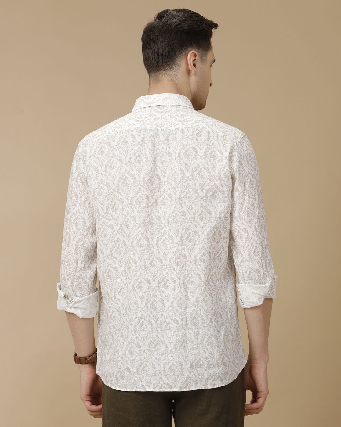 Men's Pure Linen Brown Printed Contemporary Fit Full Sleeve Casual Shirt