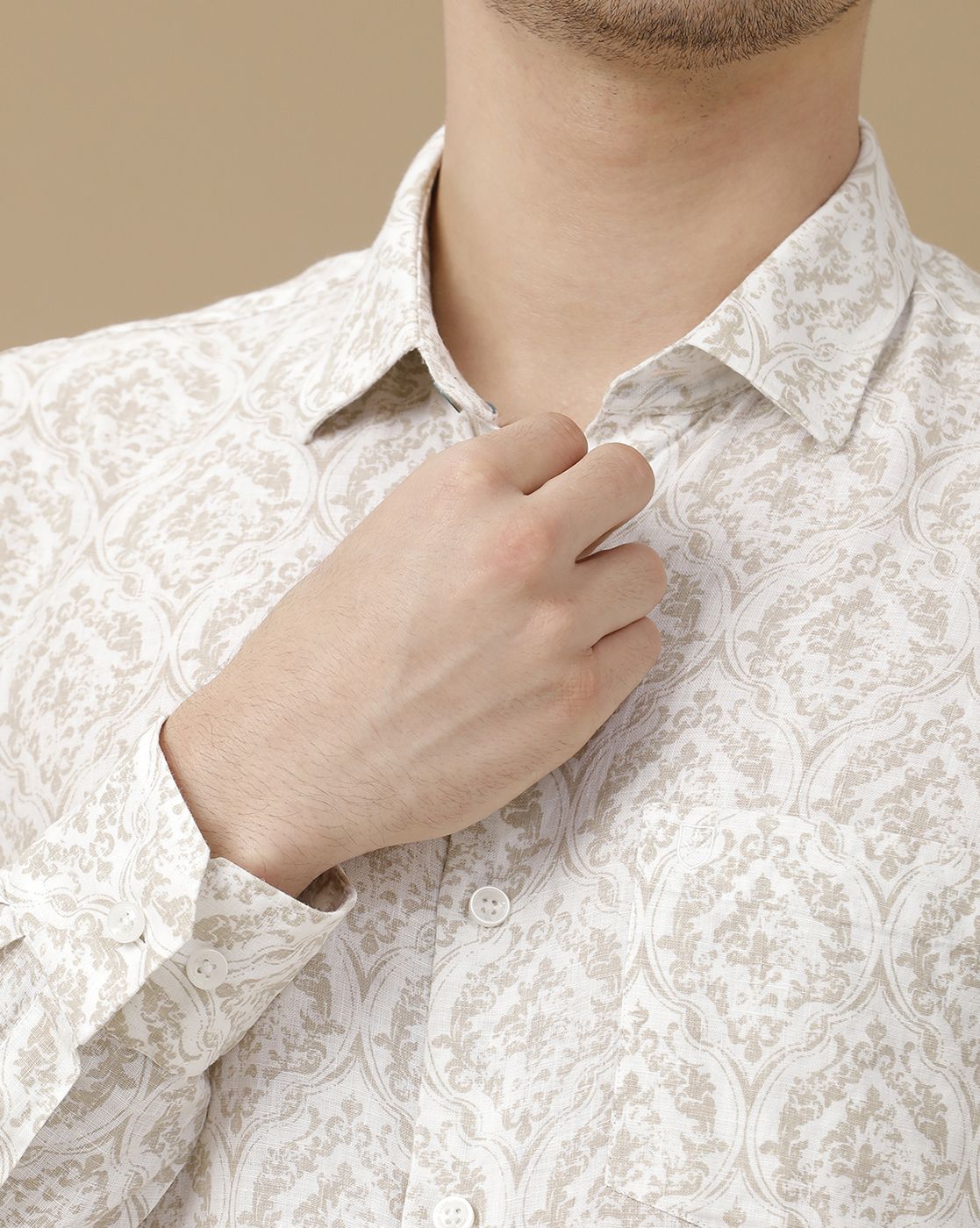 Men's Pure Linen Brown Printed Contemporary Fit Full Sleeve Casual Shirt