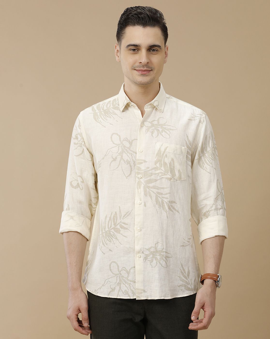 Men's Pure Linen Off White Printed Contemporary Fit Full Sleeve Casual Shirt