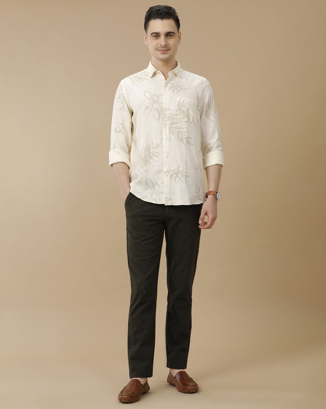 Men's Pure Linen Off White Printed Contemporary Fit Full Sleeve Casual Shirt