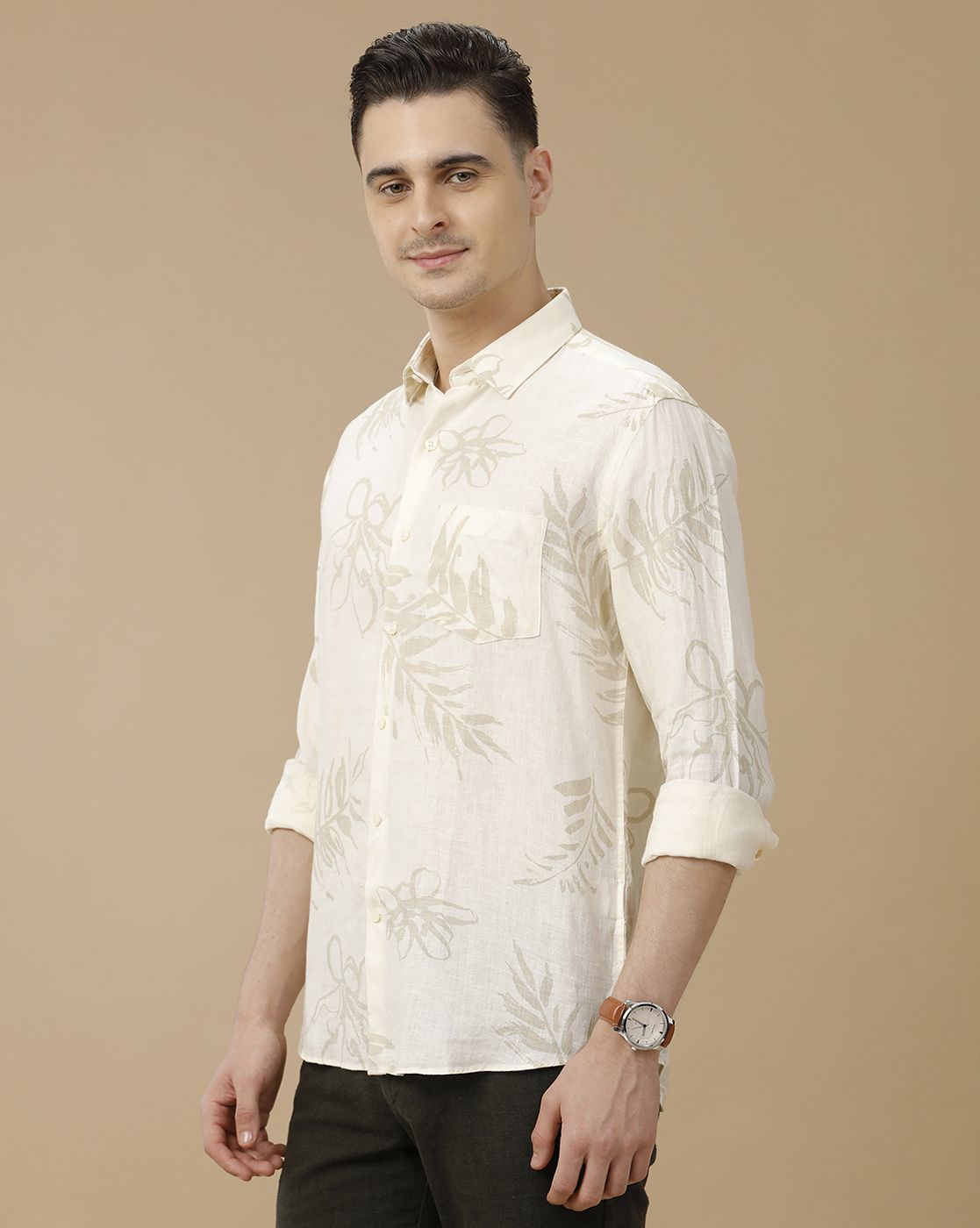 Men's Pure Linen Off White Printed Contemporary Fit Full Sleeve Casual Shirt