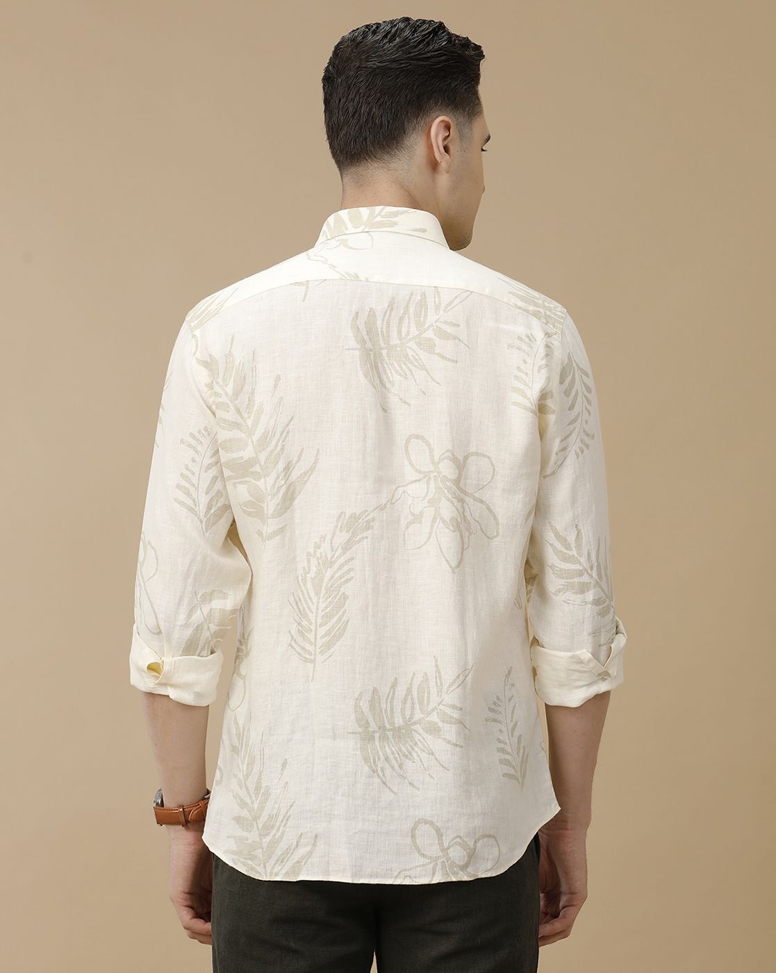 Men's Pure Linen Off White Printed Contemporary Fit Full Sleeve Casual Shirt