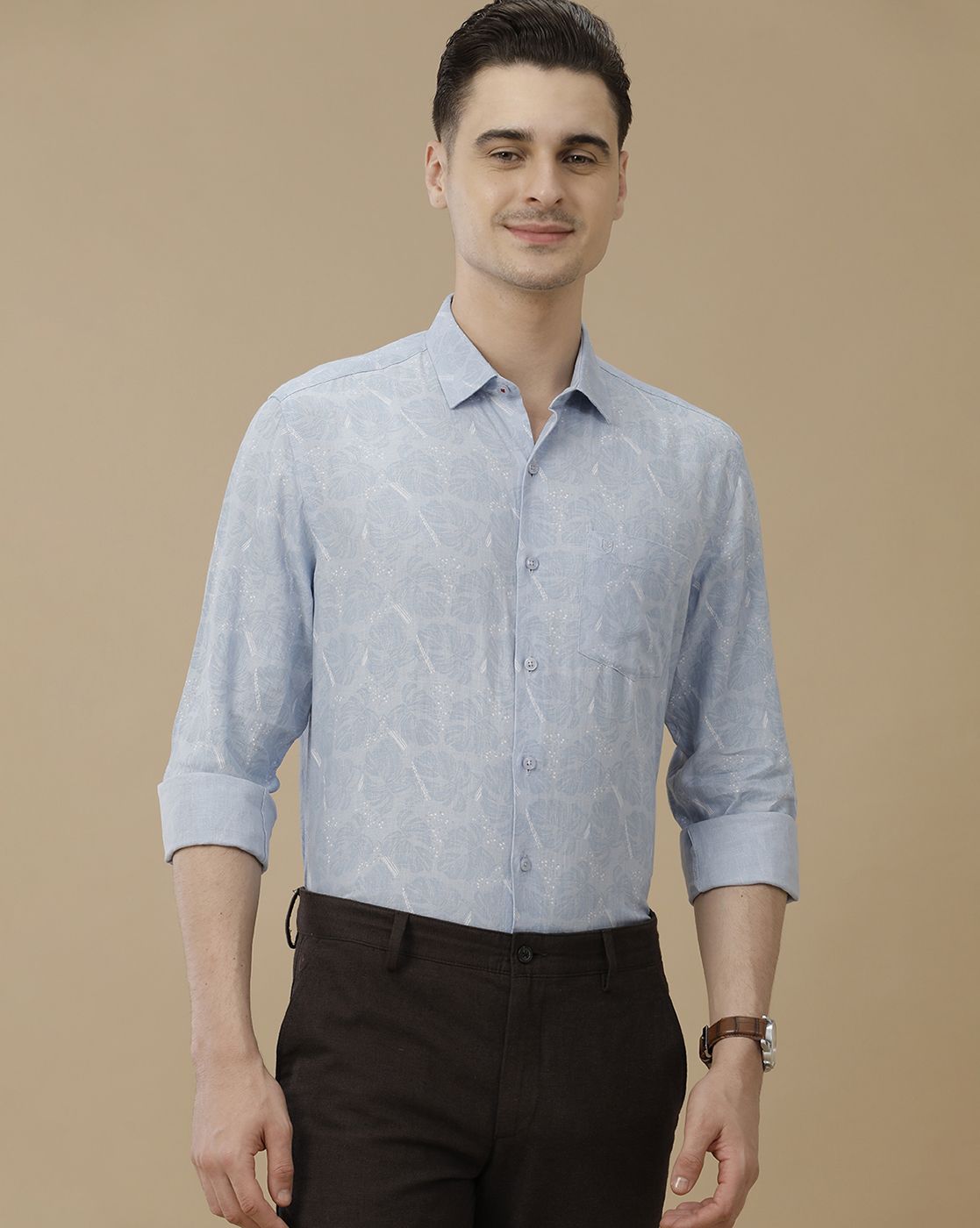 Men's Pure Linen Blue Printed Contemporary Fit Full Sleeve Casual Shirt