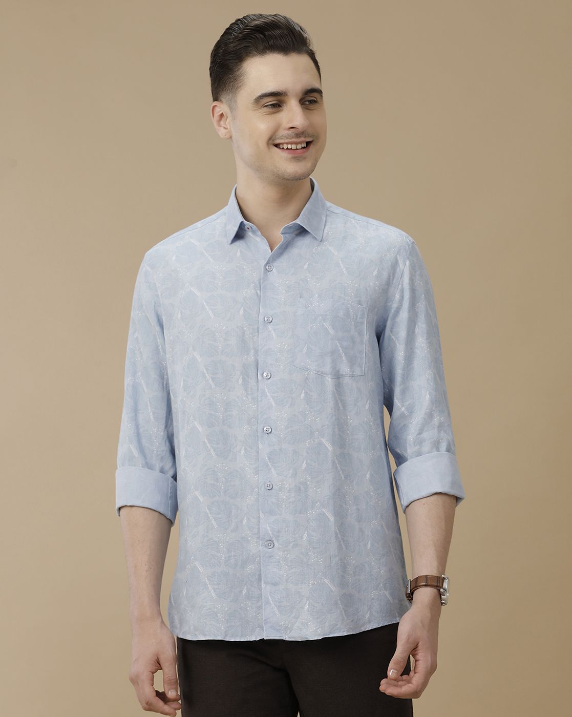 Men's Pure Linen Blue Printed Contemporary Fit Full Sleeve Casual Shirt