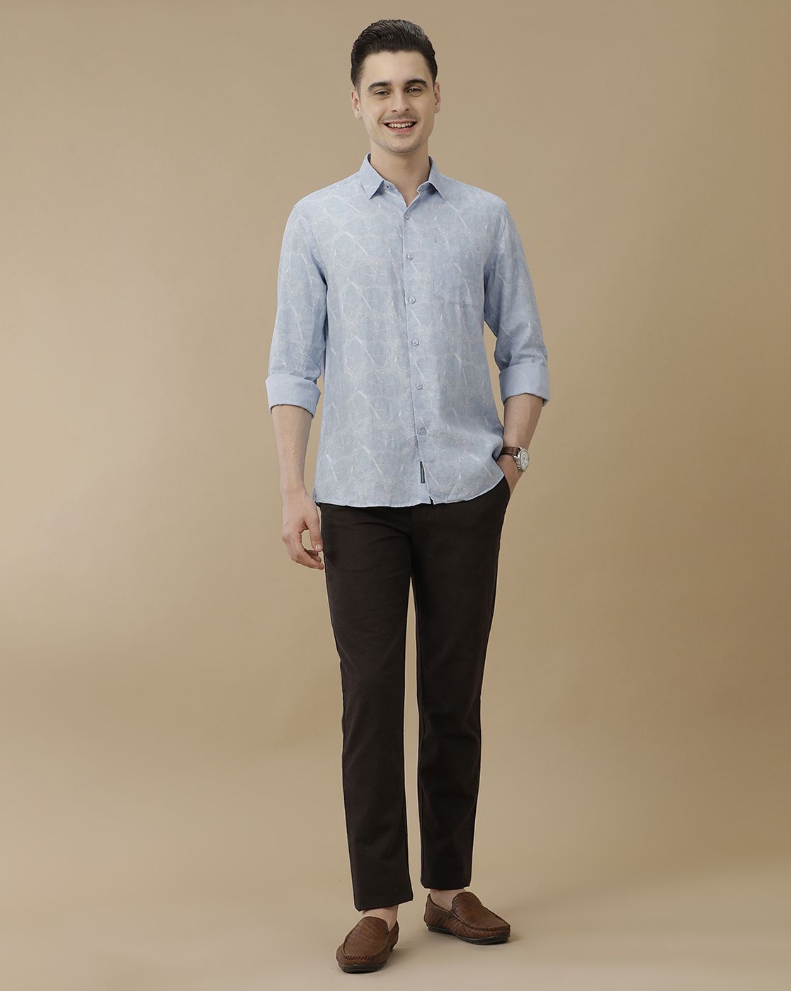 Men's Pure Linen Blue Printed Contemporary Fit Full Sleeve Casual Shirt