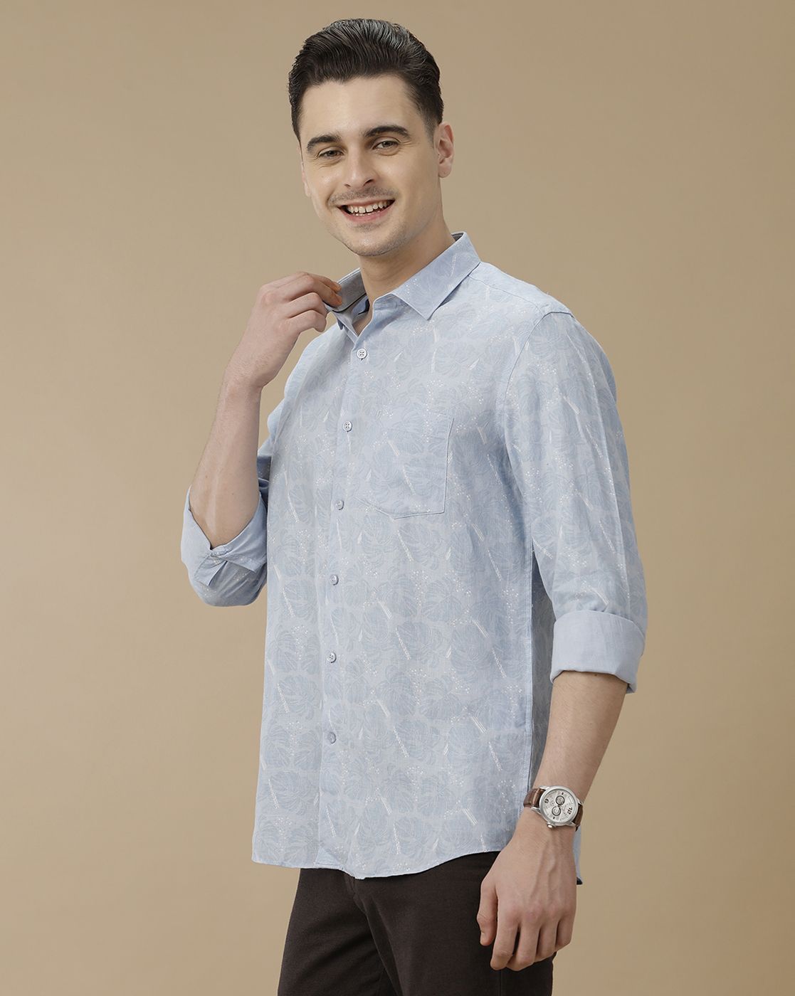 Men's Pure Linen Blue Printed Contemporary Fit Full Sleeve Casual Shirt