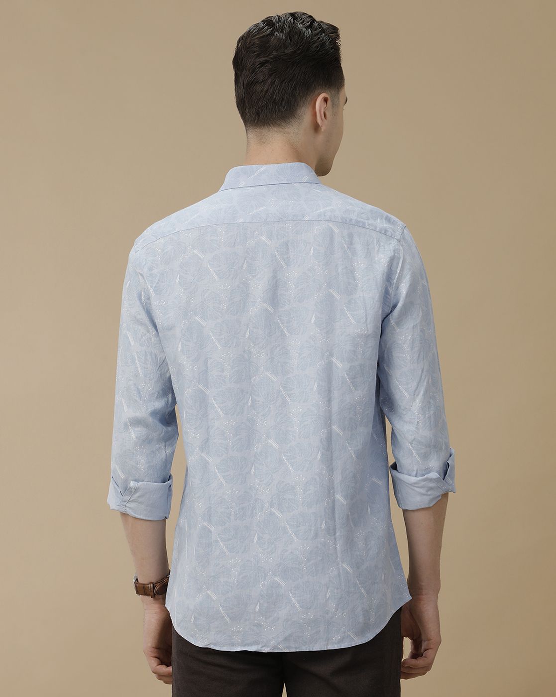 Men's Pure Linen Blue Printed Contemporary Fit Full Sleeve Casual Shirt