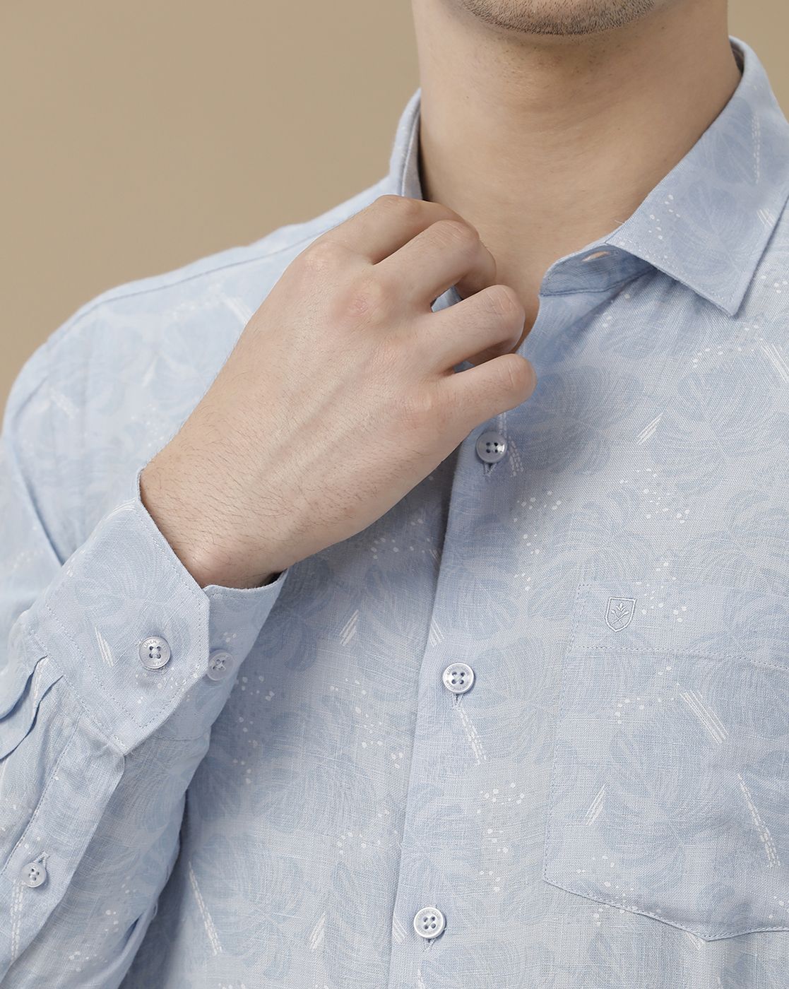 Men's Pure Linen Blue Printed Contemporary Fit Full Sleeve Casual Shirt