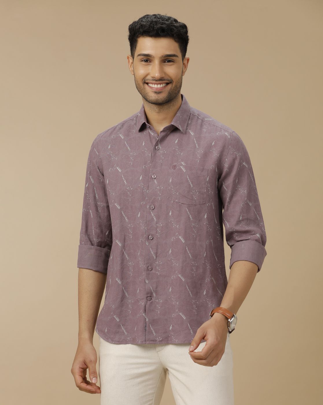 Men's Pure Linen Purple Printed Contemporary Fit Full Sleeve Casual Shirt