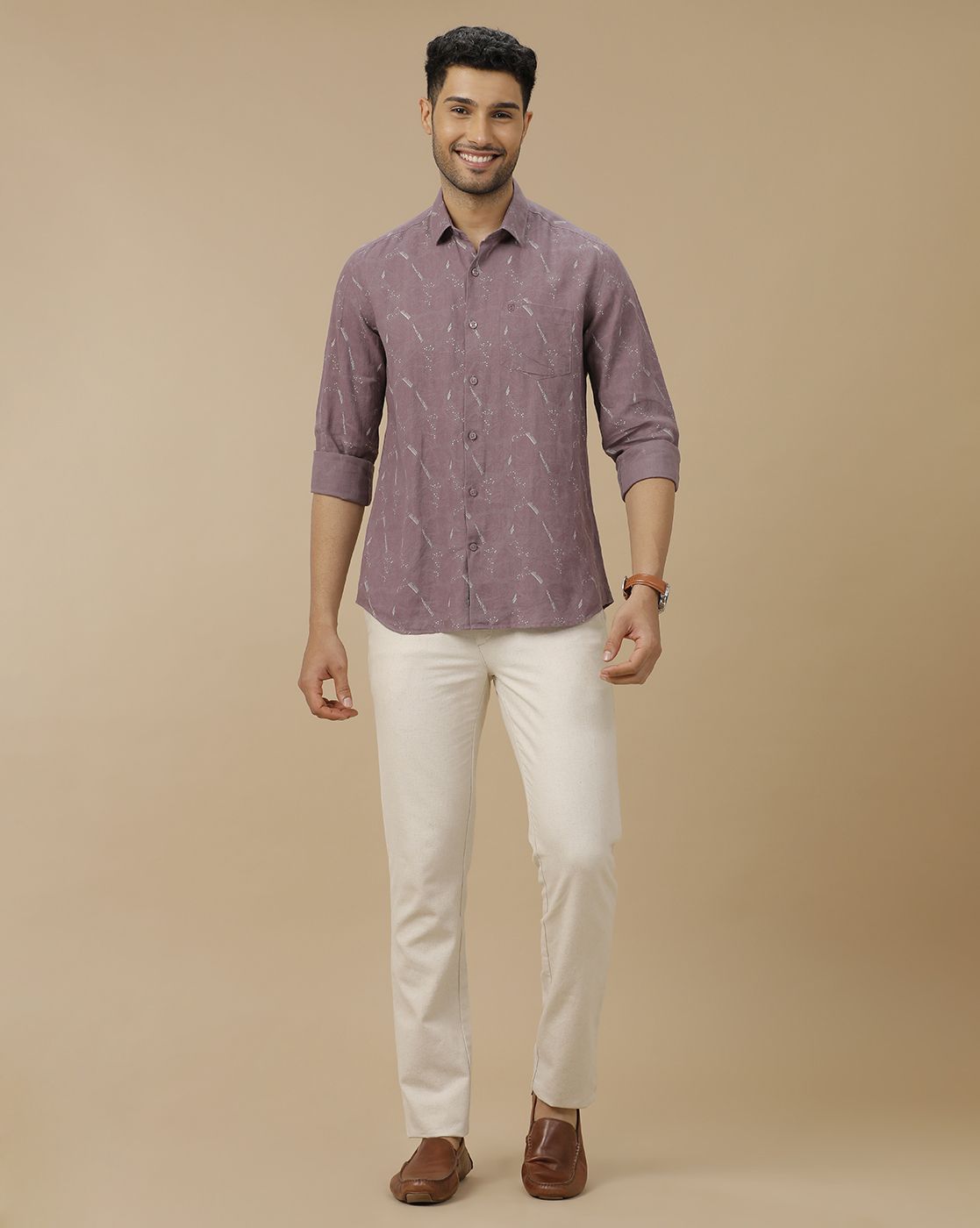 Men's Pure Linen Purple Printed Contemporary Fit Full Sleeve Casual Shirt