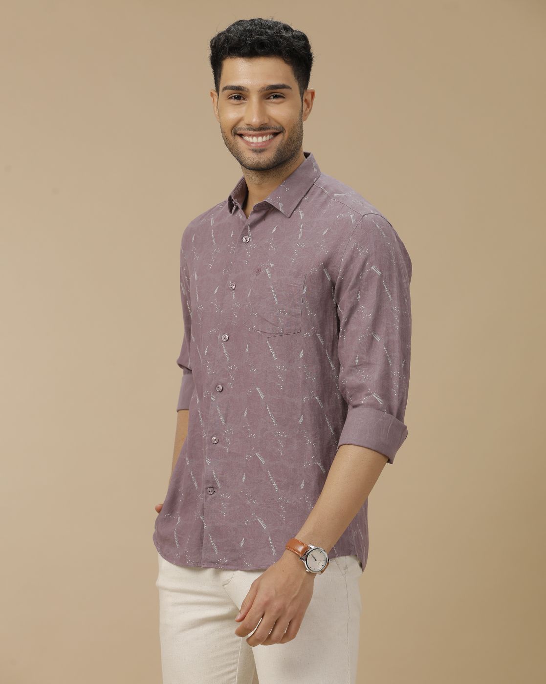 Men's Pure Linen Purple Printed Contemporary Fit Full Sleeve Casual Shirt