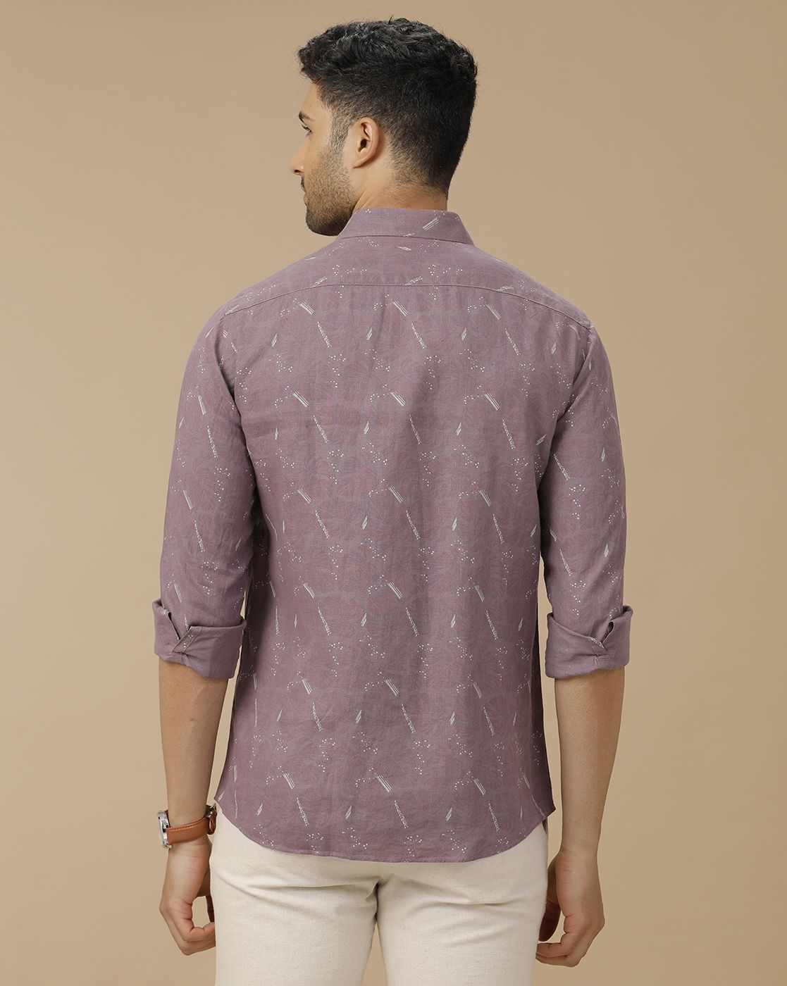 Men's Pure Linen Purple Printed Contemporary Fit Full Sleeve Casual Shirt