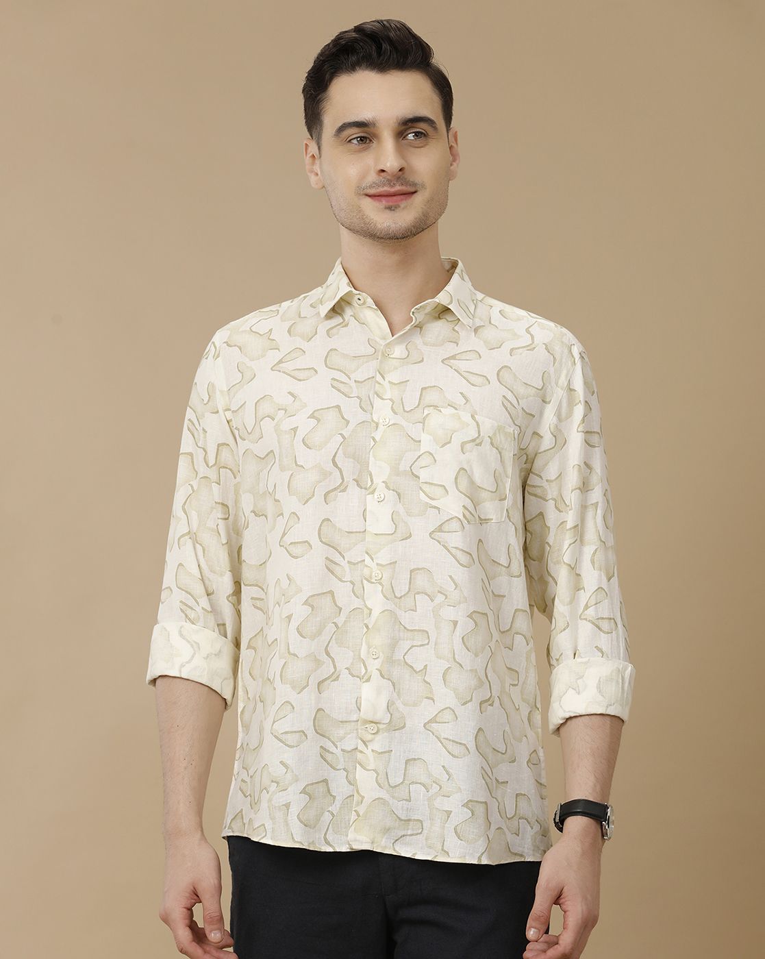 Men's Pure Linen Off White Printed Contemporary Fit Full Sleeve Casual Shirt