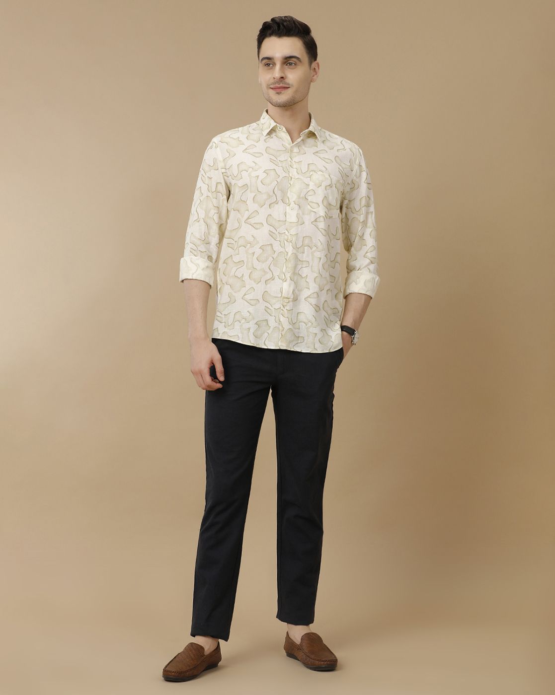 Men's Pure Linen Off White Printed Contemporary Fit Full Sleeve Casual Shirt