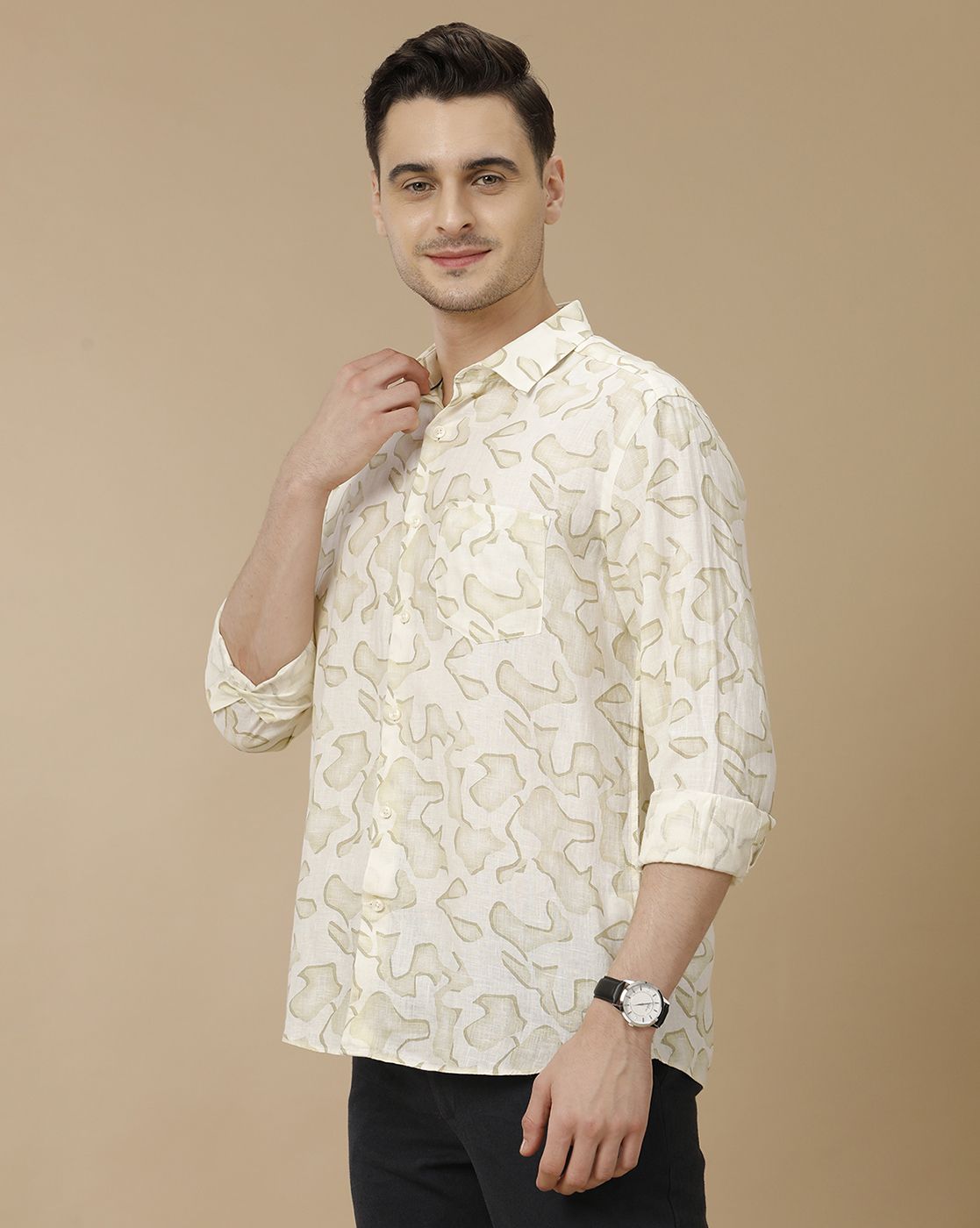 Men's Pure Linen Off White Printed Contemporary Fit Full Sleeve Casual Shirt