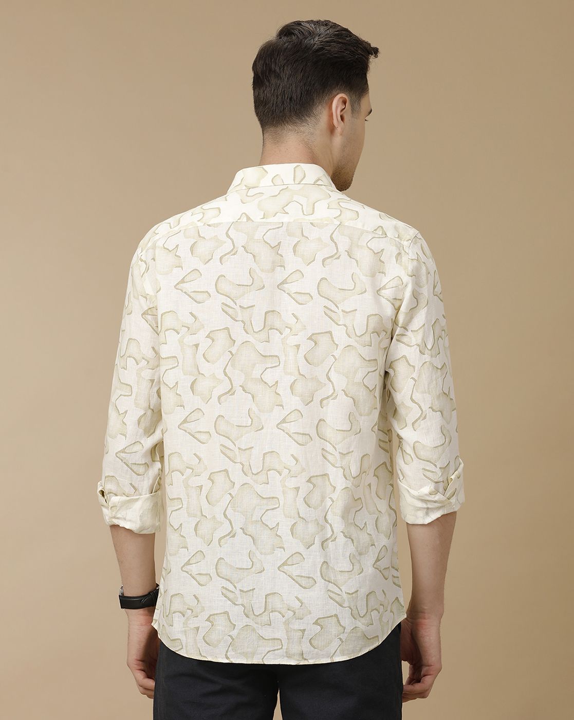 Men's Pure Linen Off White Printed Contemporary Fit Full Sleeve Casual Shirt