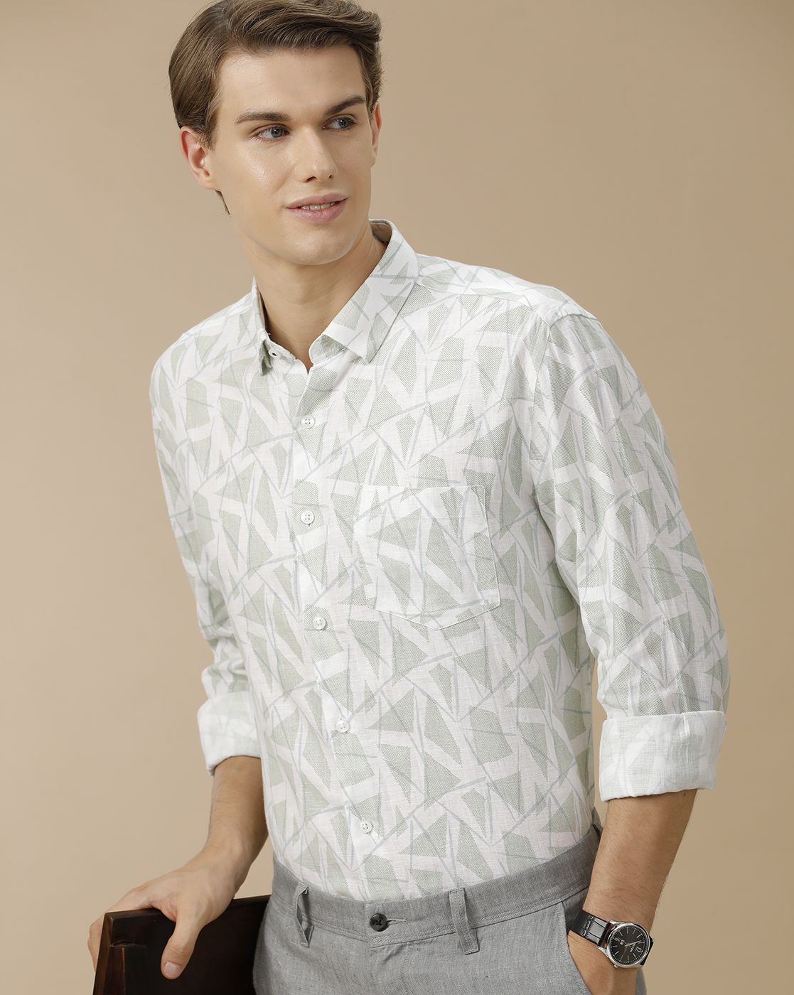 Men's Pure Linen Green Printed Contemporary Fit Full Sleeve Casual Shirt