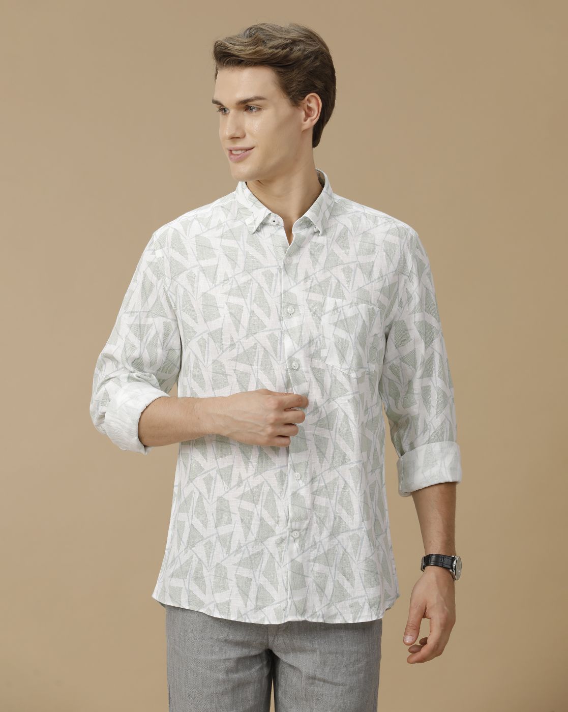 Men's Pure Linen Green Printed Contemporary Fit Full Sleeve Casual Shirt