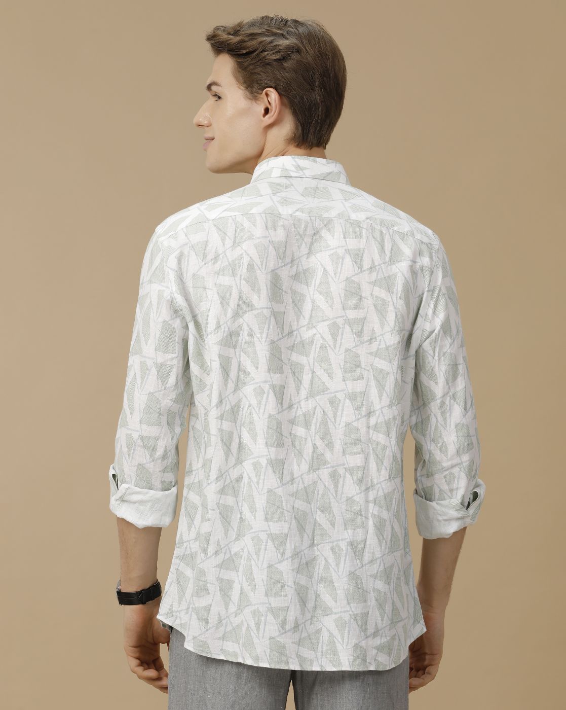 Men's Pure Linen Green Printed Contemporary Fit Full Sleeve Casual Shirt