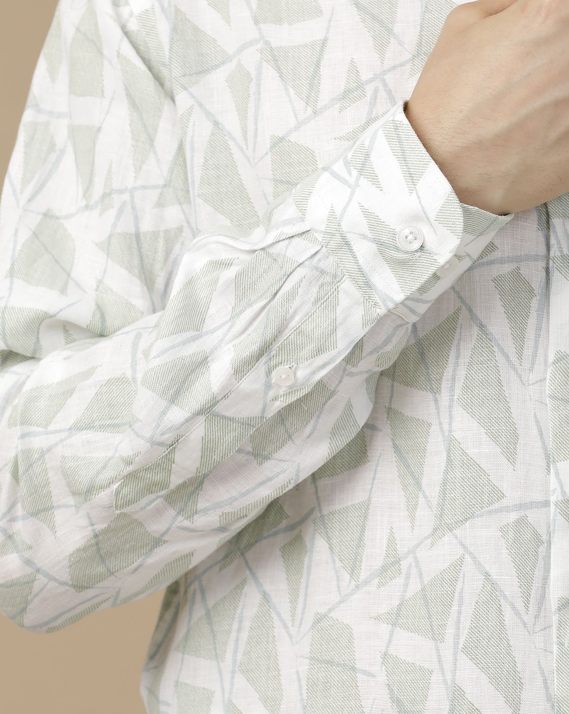 Men's Pure Linen Green Printed Contemporary Fit Full Sleeve Casual Shirt
