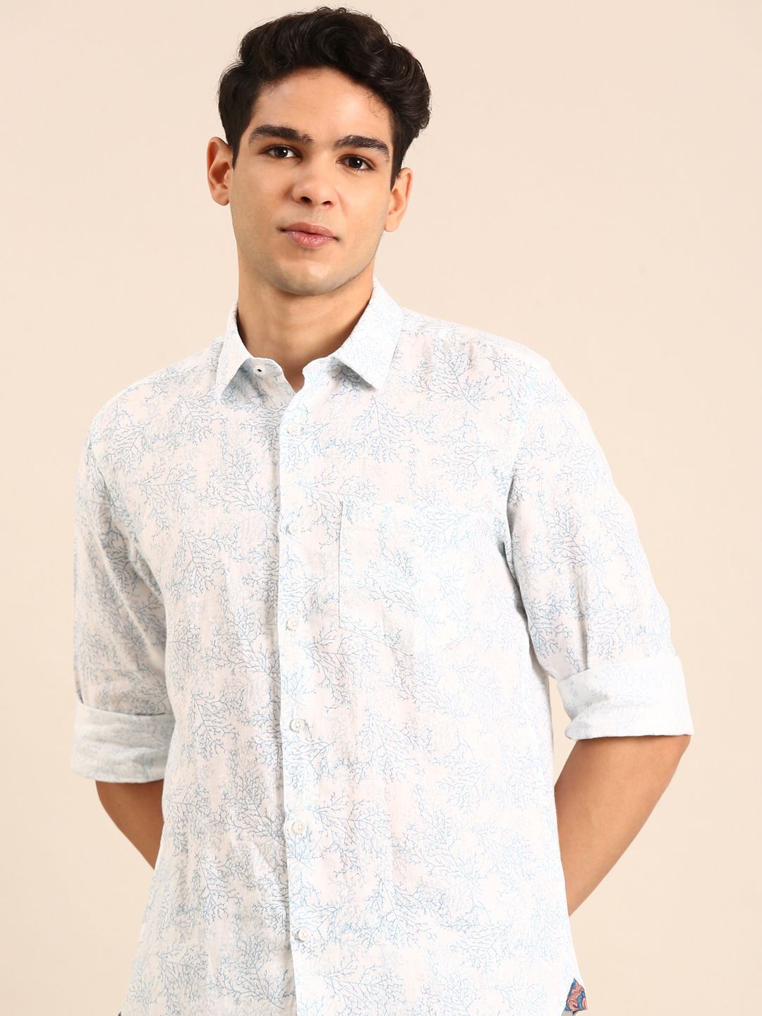 Linen Club Men's Linen Blend Light Blue Printed Contemporary Fit Full Sleeves Casual Shirt