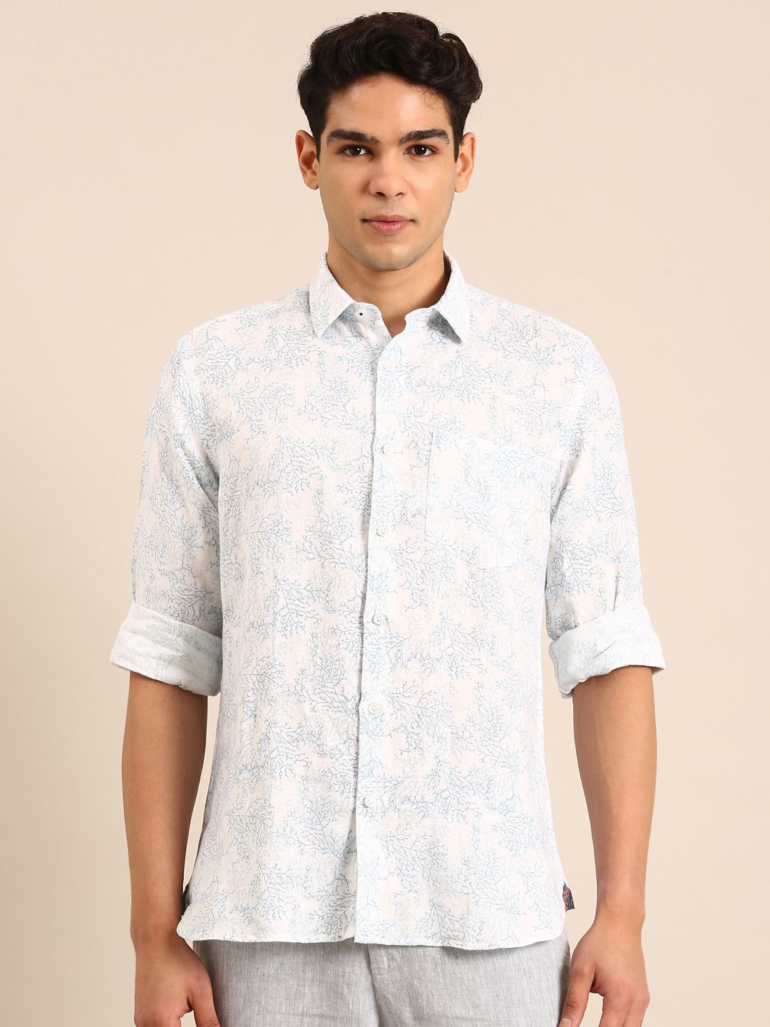Linen Club Men's Linen Blend Light Blue Printed Contemporary Fit Full Sleeves Casual Shirt