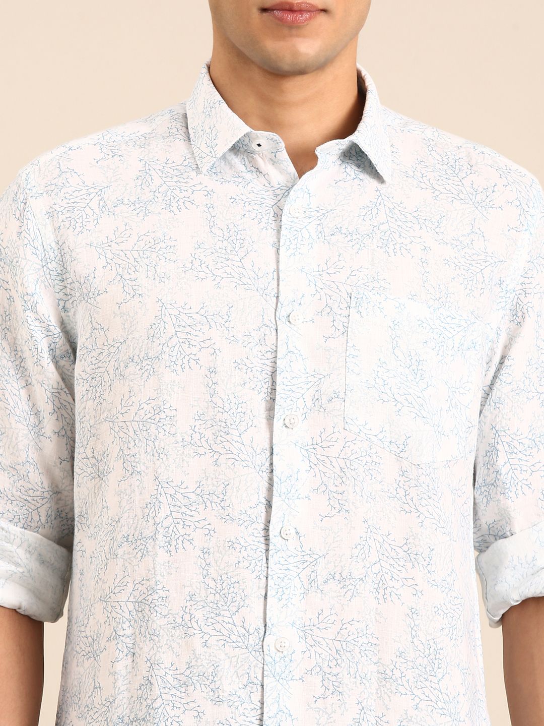 Linen Club Men's Linen Blend Light Blue Printed Contemporary Fit Full Sleeves Casual Shirt