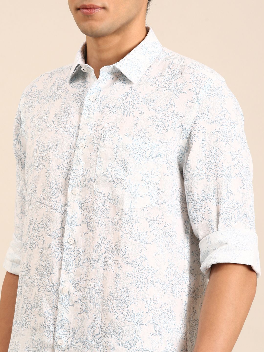 Linen Club Men's Linen Blend Light Blue Printed Contemporary Fit Full Sleeves Casual Shirt
