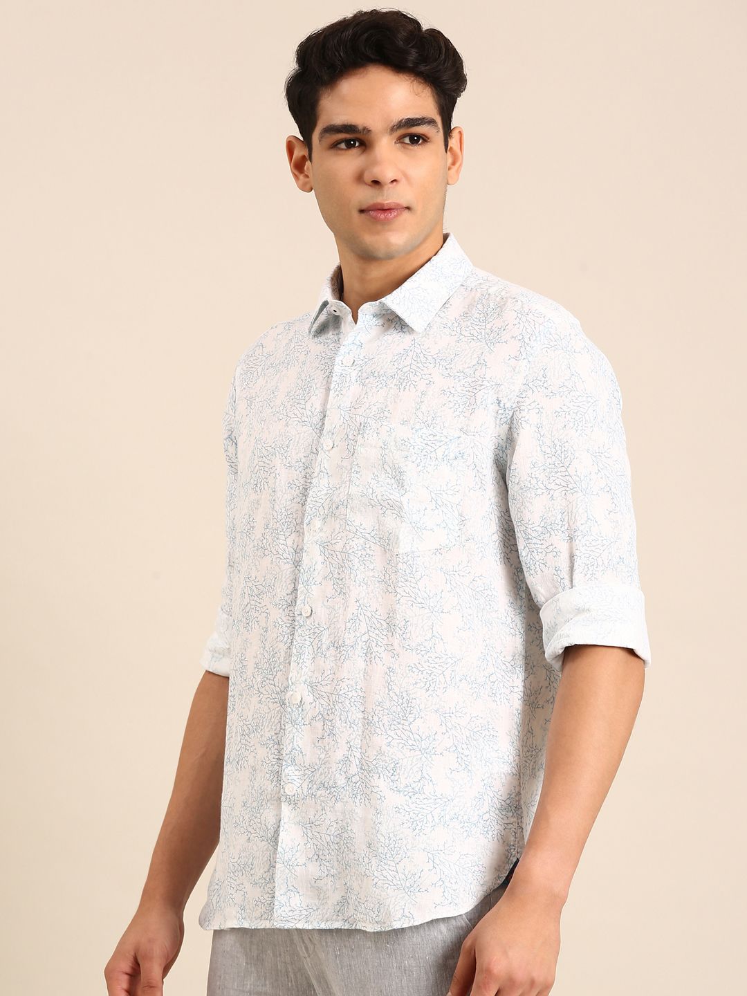 Linen Club Men's Linen Blend Light Blue Printed Contemporary Fit Full Sleeves Casual Shirt