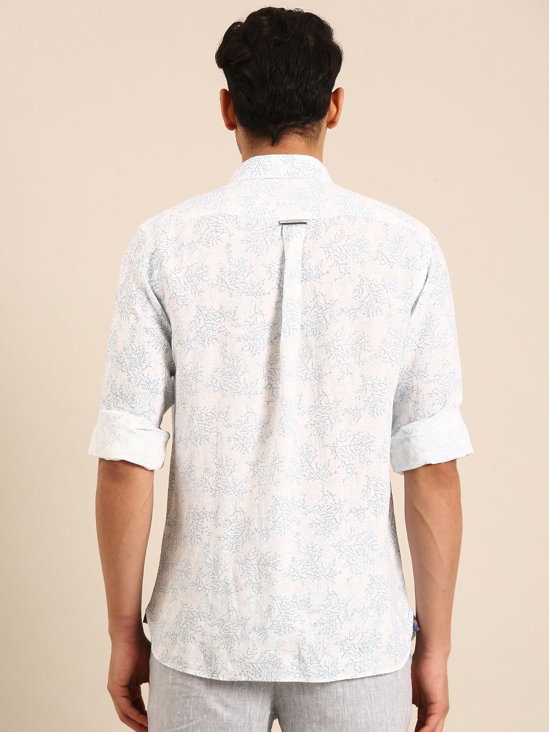 Linen Club Men's Linen Blend Light Blue Printed Contemporary Fit Full Sleeves Casual Shirt