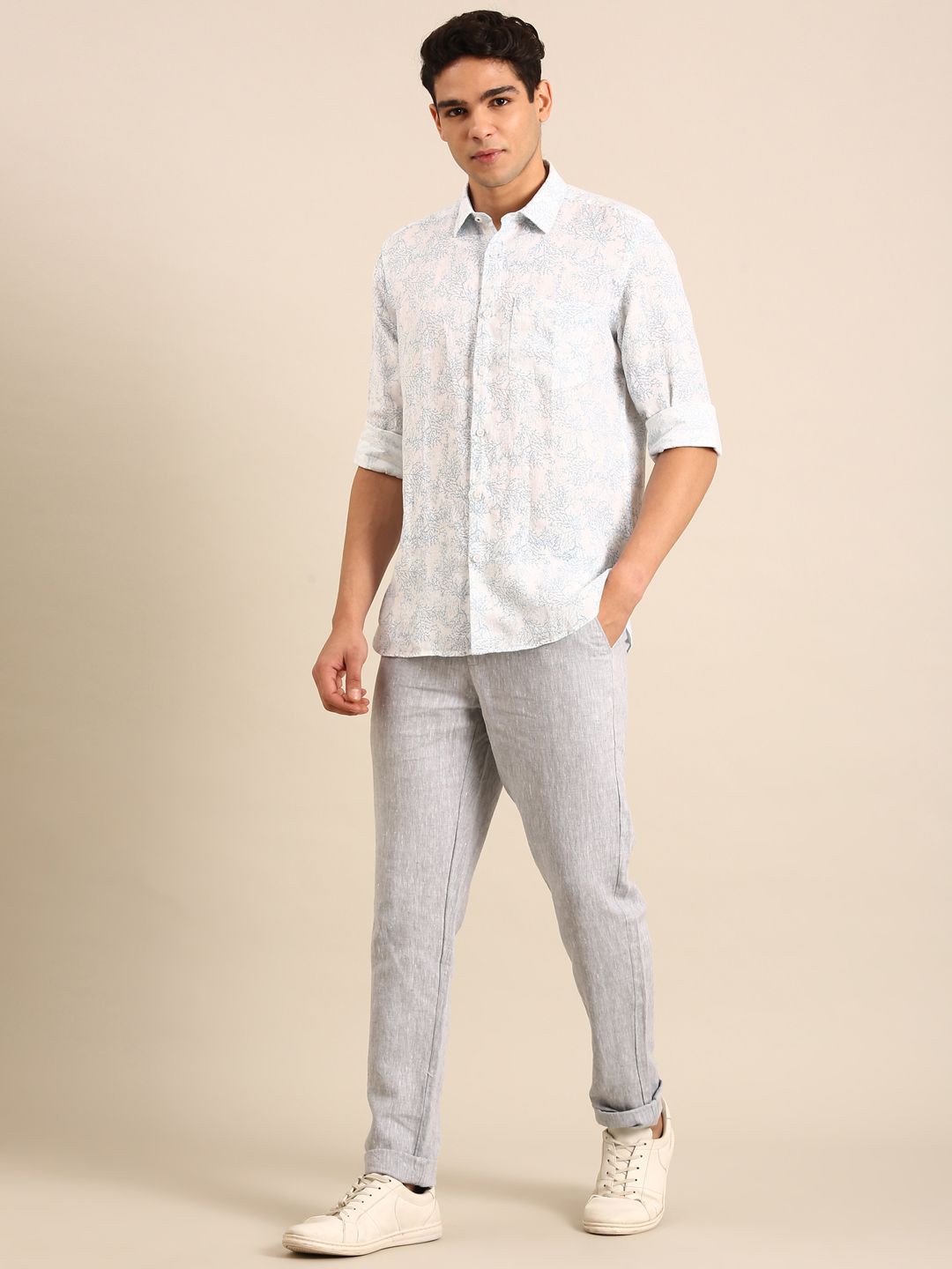 Linen Club Men's Linen Blend Light Blue Printed Contemporary Fit Full Sleeves Casual Shirt