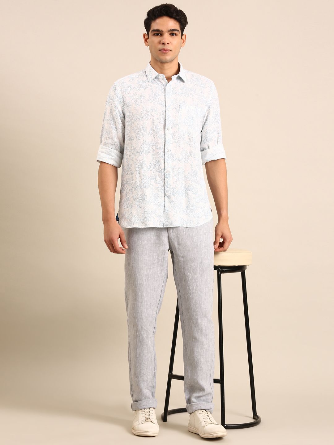Linen Club Men's Linen Blend Light Blue Printed Contemporary Fit Full Sleeves Casual Shirt