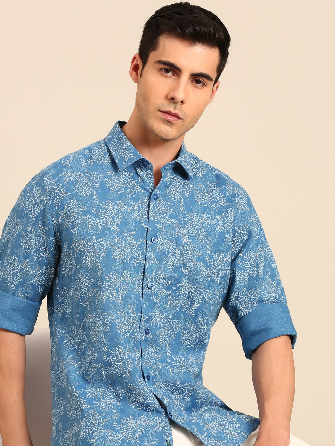 Linen Club Men's Linen Blend Blue Printed Contemporary Fit Full Sleeves Casual Shirt