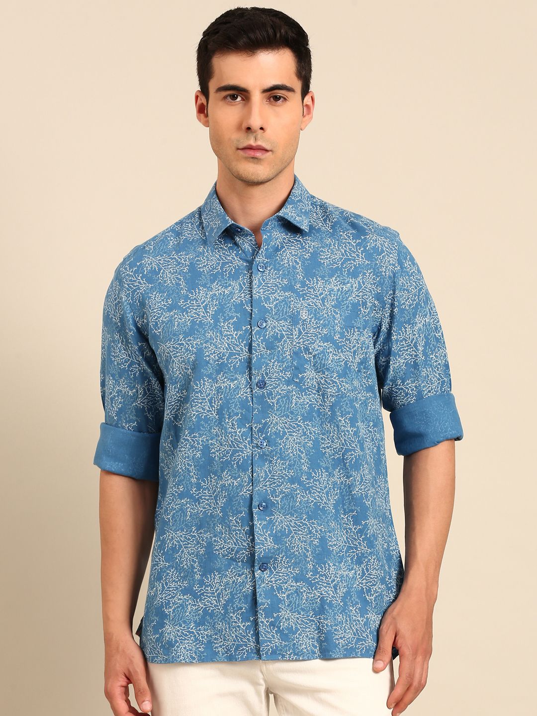 Linen Club Men's Linen Blend Blue Printed Contemporary Fit Full Sleeves Casual Shirt